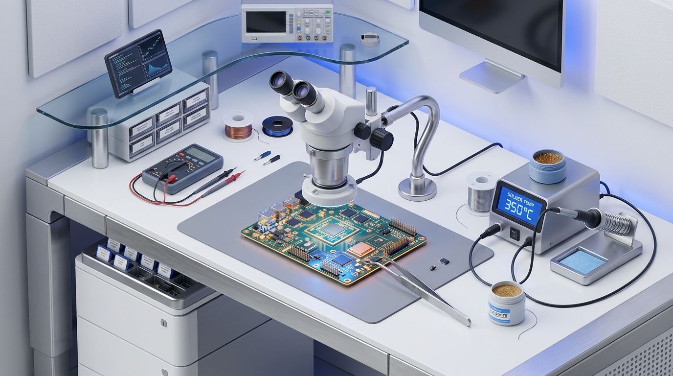 Laboratoire de micro-soudure sous binoculaire
